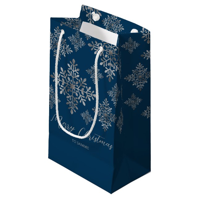 Faux Grey Foil Snowflakes On Blue (Not Real Foil) Small Gift Bag (Front Angled)