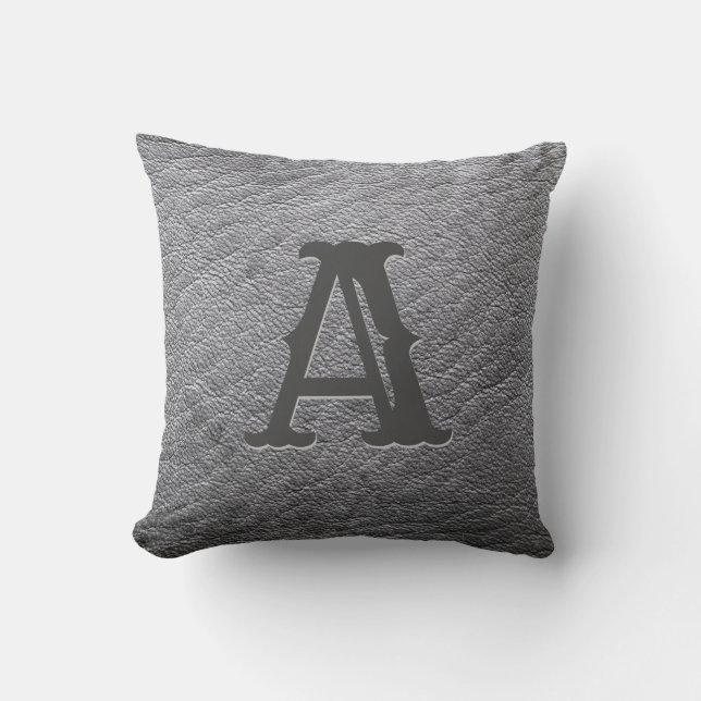 Faux Grey Leather Monogram Embossed Cushion (Front)