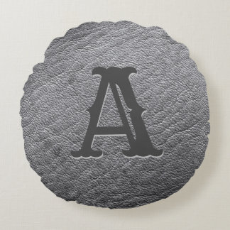 Faux Grey Leather Monogram Embossed Round Cushion