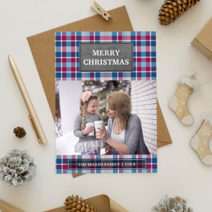 Faux Grey Leather Pink and Blue Plaid Christmas Holiday Card
