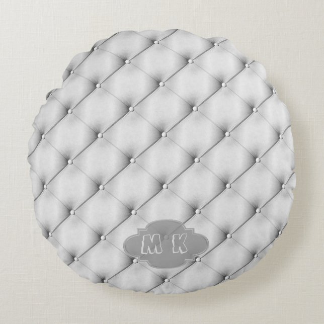 Faux Grey Leather Upholstery Custom Monogram Round Cushion (Front)