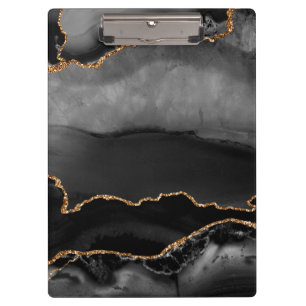 Faux Grey Marbled Agate Golden Glitter Black Stone Clipboard
