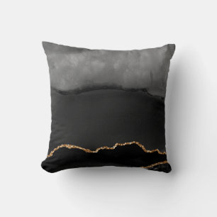 Faux Grey Marbled Agate Golden Glitter Black Stone Cushion