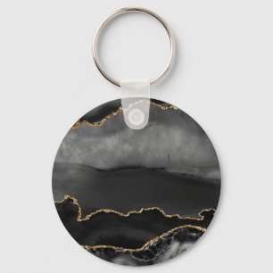 Faux Grey Marbled Agate Golden Glitter Black Stone Key Ring