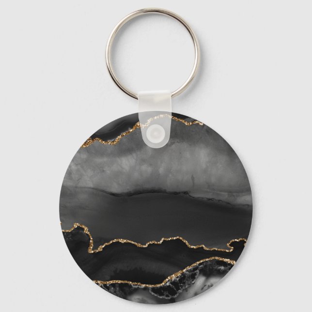Faux Grey Marbled Agate Golden Glitter Black Stone Key Ring (Front)