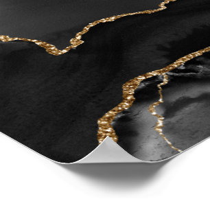 Faux Grey Marbled Agate Golden Glitter Black Stone Poster
