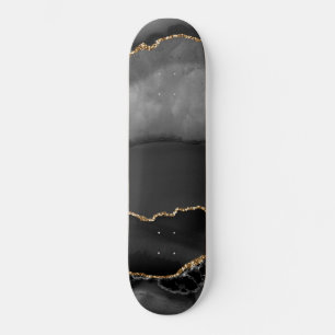 Faux Grey Marbled Agate Golden Glitter Black Stone Skateboard