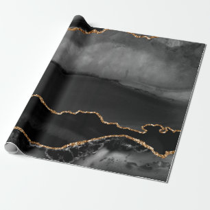 Faux Grey Marbled Agate Golden Glitter Black Stone Wrapping Paper