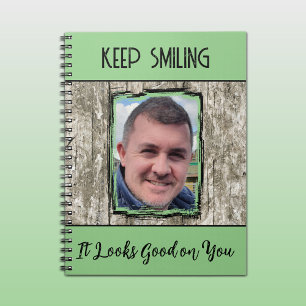 Faux grey wood effect keep smiling photo green notebook