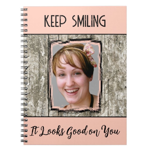 Faux grey wood effect keep smiling photo peach notebook (Front)