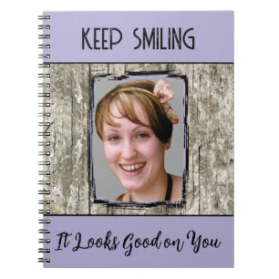 Faux grey wood effect keep smiling photo purple notebook