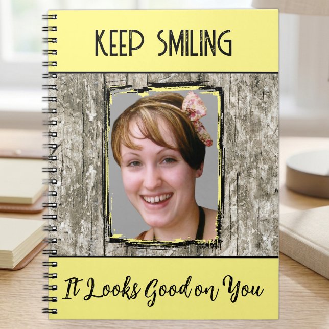 Faux grey wood effect keep smiling photo yellow notebook (Creator Uploaded)