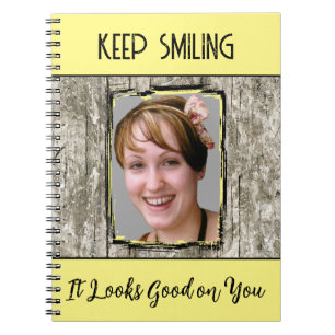 Faux grey wood effect keep smiling photo yellow notebook