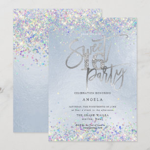 Faux Hologram Sweet 16 Studded Diamond Dusty Blue Invitation