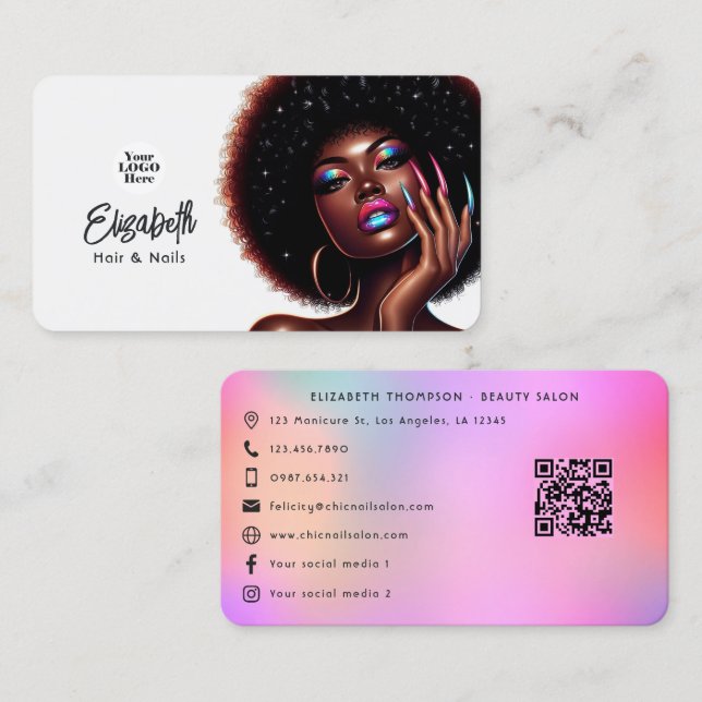 Faux Holographic Afro Queen Hair and Nails Salon Business Card (Front/Back)