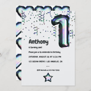 Faux Holographic Balloon 1st Birthday Invitation