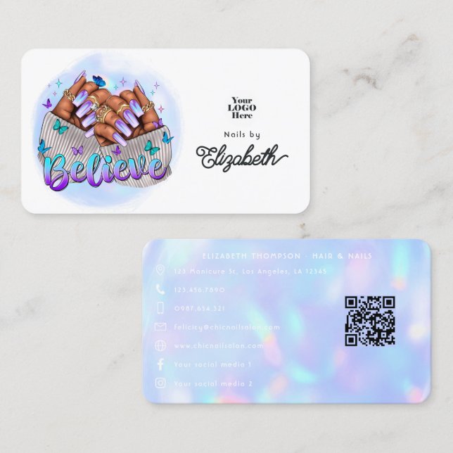 Faux Holographic "Believe" African American Salon Business Card (Front/Back)