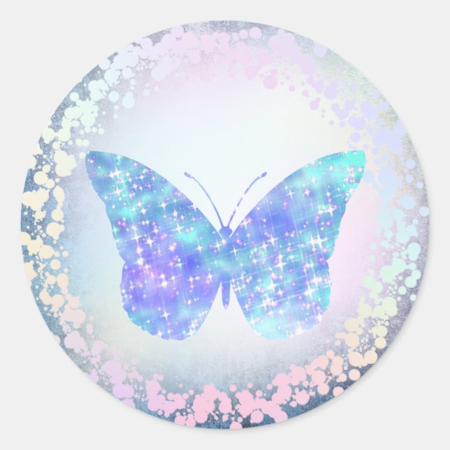 faux holographic blue butterfly logo classic round sticker (Front)