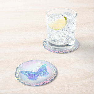 faux holographic blue butterfly round paper coaster