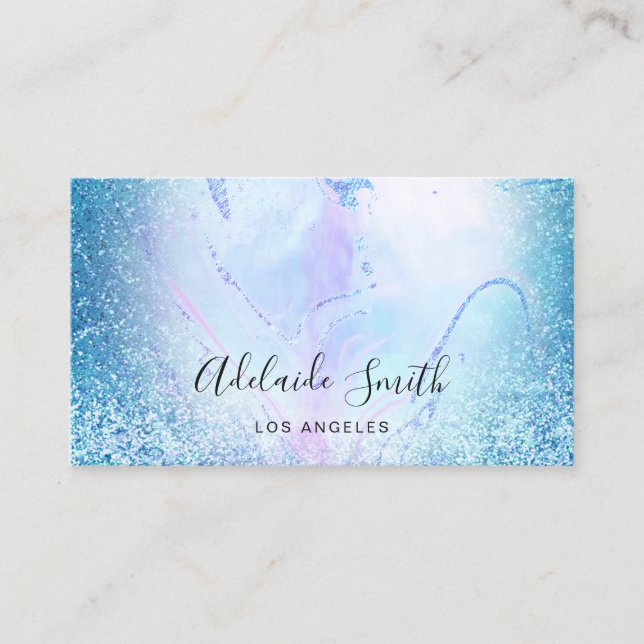 FAUX holographic blue glitter marble Business Card (Front)