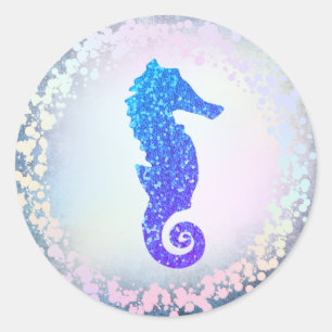 faux holographic blue seahorse logo classic round sticker