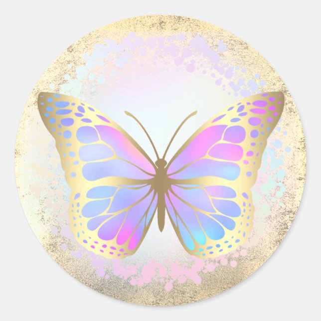 faux holographic butterfly classic round sticker (Front)