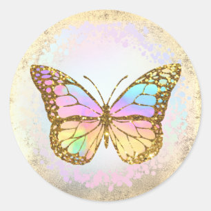 faux holographic butterfly logo classic round sticker