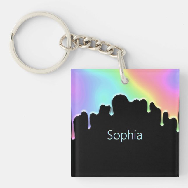 Faux Holographic Colourful Modern Rainbow Drops Key Ring (Front)