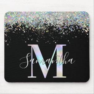 Faux Holographic Glitter Iridescent Monogram M Mouse Mat