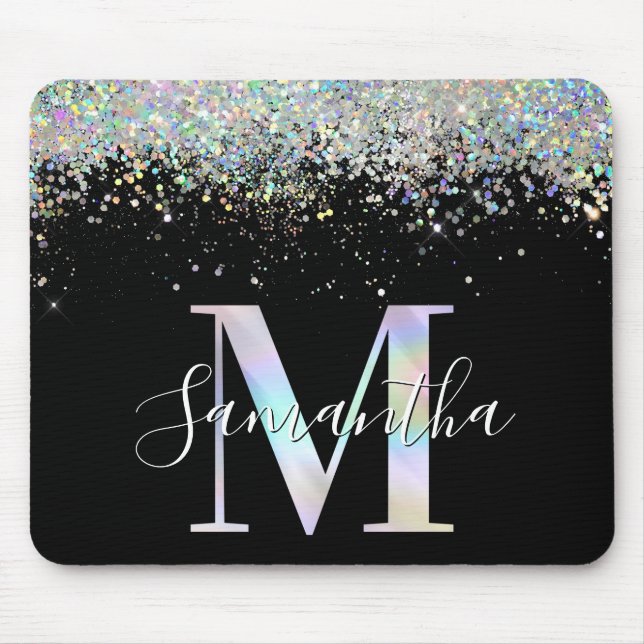 Faux Holographic Glitter Iridescent Monogram M Mouse Mat (Front)