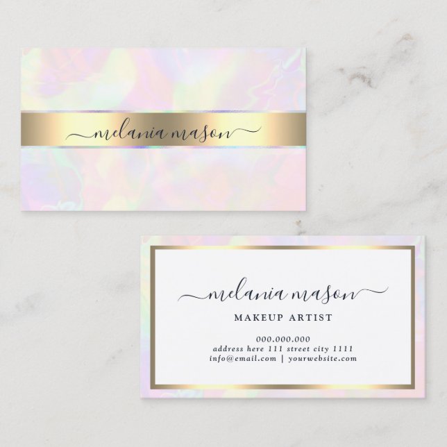 Faux Holographic & Gold Elegant Beauty Girly Business Card (Front/Back)