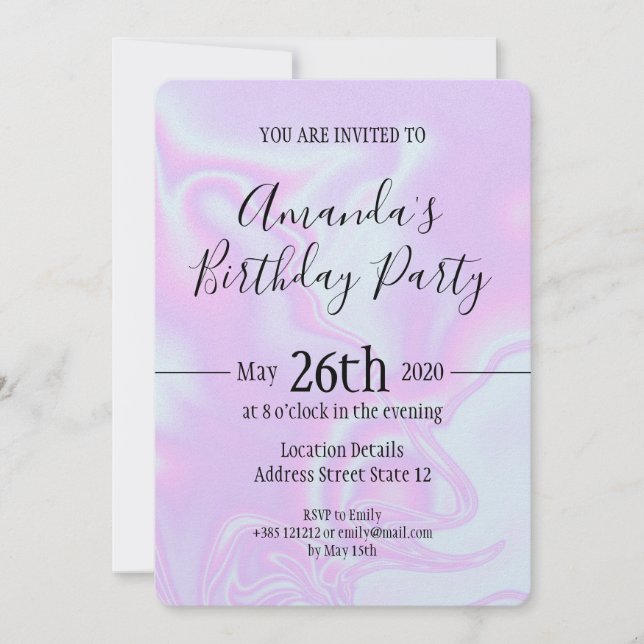 Faux holographic iridescent unicorn skin texture invitation (Front)