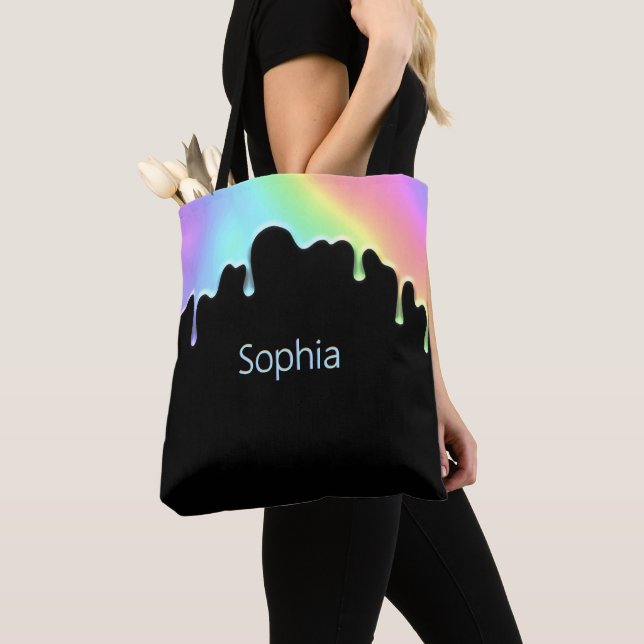 Faux Holographic Modern Colourful Rainbow Drops Tote Bag (Close Up)
