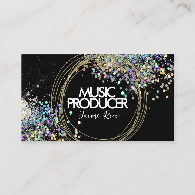 Faux Holographic Music Producer Gold Rings Black Business Card (Front)