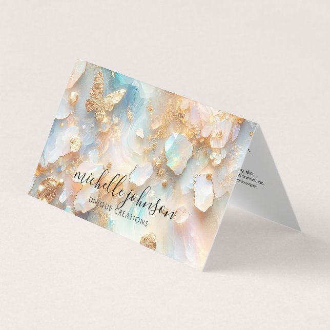 Faux Holographic Opal Moonstone Gold Butterfly Business Card (Front)
