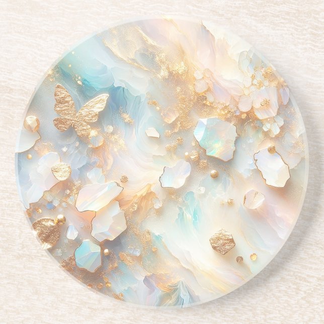 Faux Holographic Opal Moonstone Gold Butterfly Coaster (Front)