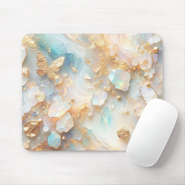 Faux Holographic Opal Moonstone Gold Butterfly Mouse Mat (With Mouse)