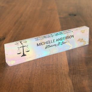 faux holographic opal stone Marble Lawyer Attorney Nameplate