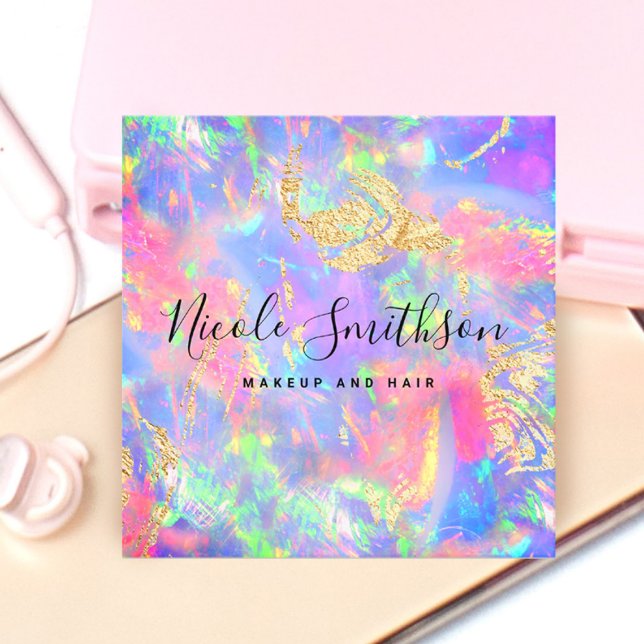 faux holographic pastel opal square business card (Creator Uploaded)