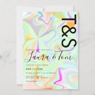 Faux Holographic Pink Bold Script Typography  Invitation