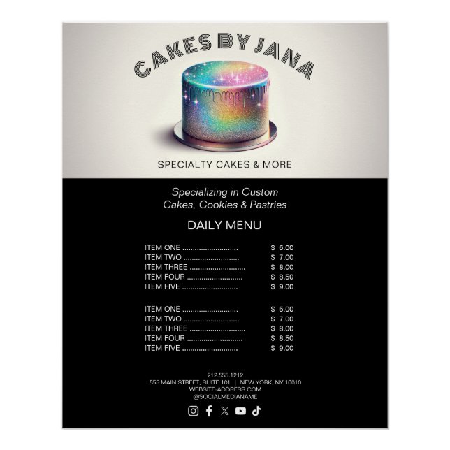 Faux Holographic Rainbow Glitter Cake Bakery Poster (Front)