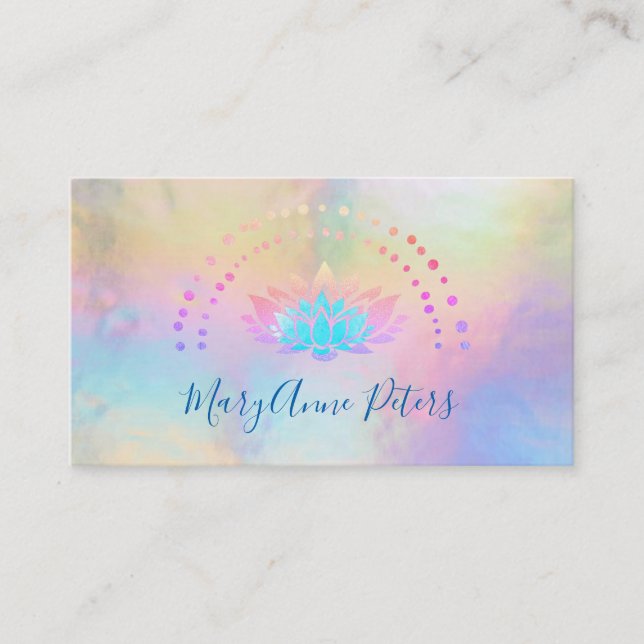 FAUX holographic rainbow pastel colours lotus logo Business Card (Front)