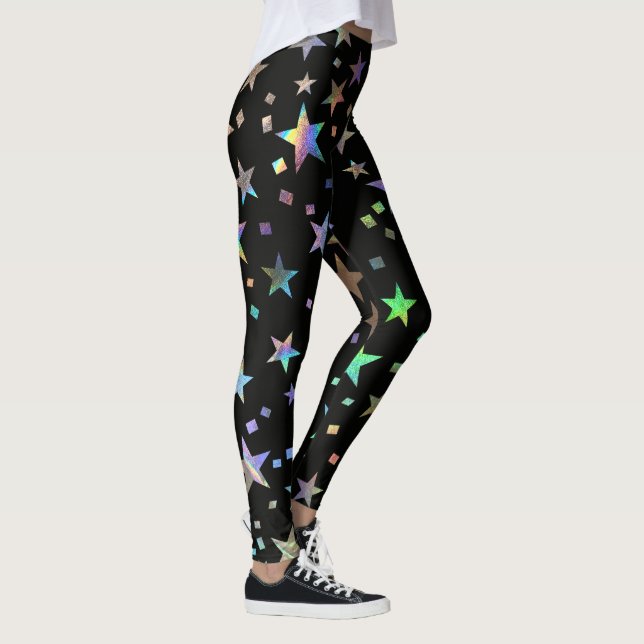Faux Holographic Rainbow Stars Pattern Chic Black Leggings (Right)