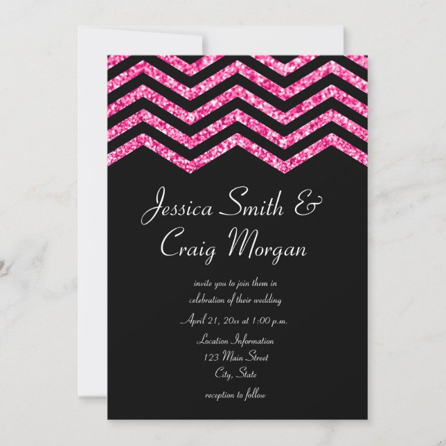 Faux Hot Pink and Black Glitter Chevron Wedding Invitation (Front)