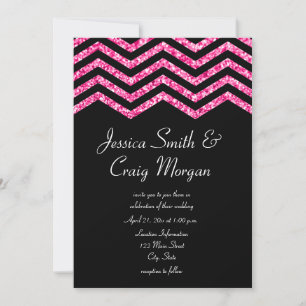 Faux Hot Pink and Black Glitter Chevron Wedding Invitation