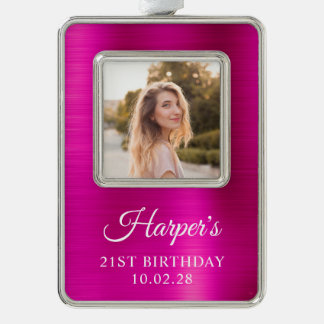 Faux Hot Pink Foil 21st Birthday Photo Silver Plated Framed Ornament