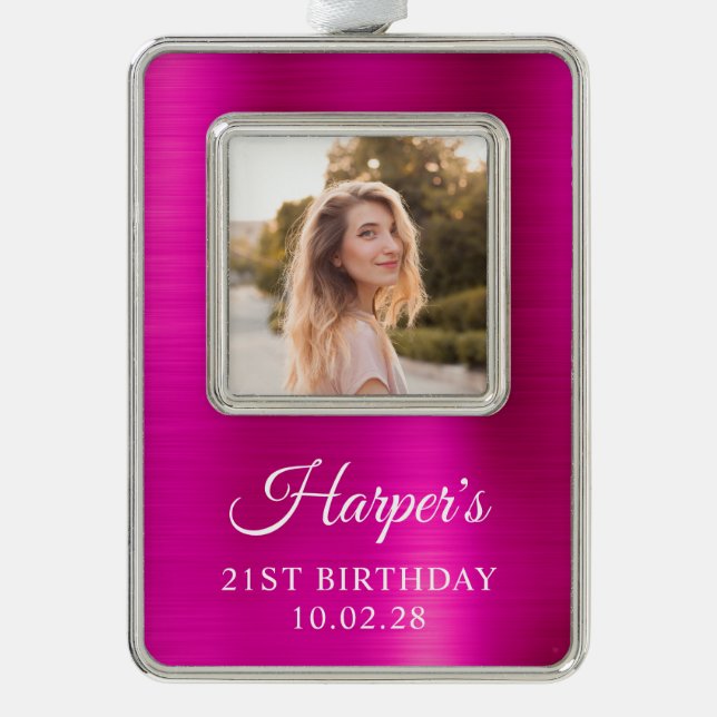 Faux Hot Pink Foil 21st Birthday Photo Silver Plated Framed Ornament (Front)