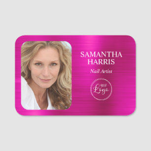 Faux Hot Pink Foil Logo and Photo Name Tag