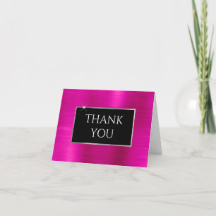 Faux Hot Pink Foil Silver and Black Thank You Card