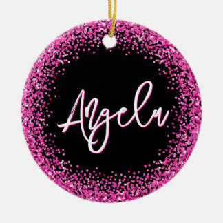 Faux Hot Pink Glitter Black Photo Ceramic Tree Decoration